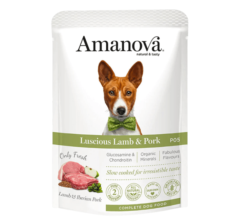 Paté Cordero Cerdo Ibérico Amanova, envase pouch con perro Basenji con pajarita.