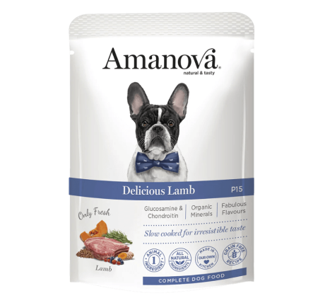 Paté Cordero Monoproteico Perro Amanova, envase pouch con Bulldog Francés y pajarita.