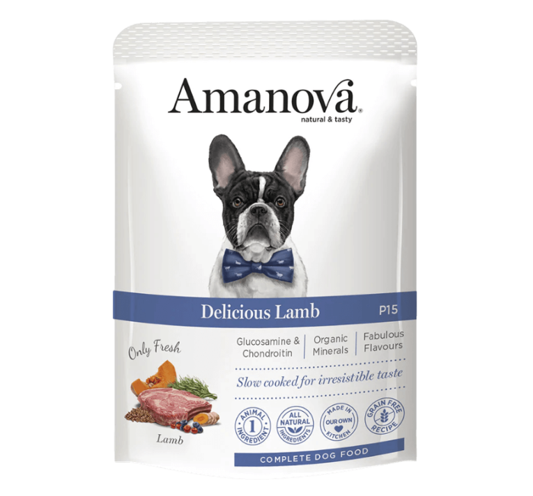 Paté Cordero Monoproteico Perro Amanova, envase pouch con Bulldog Francés y pajarita.