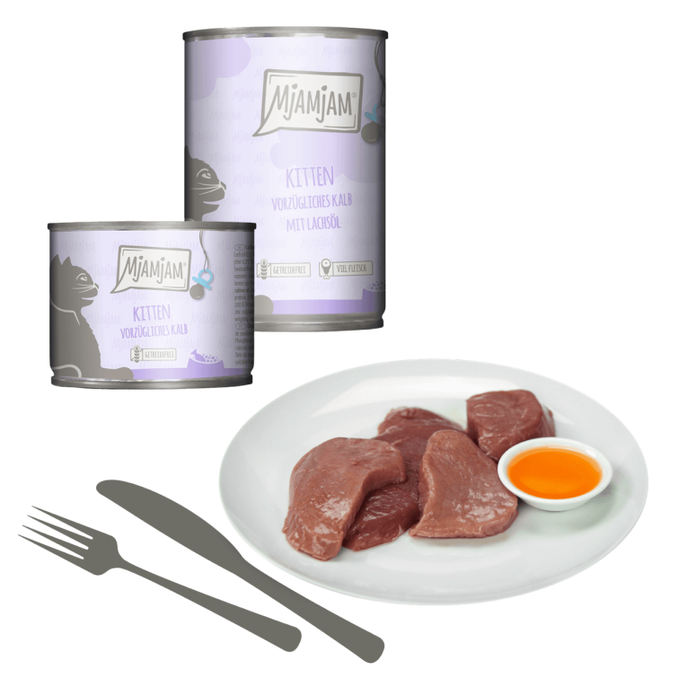 Paté Gatito Ternera Salmón MjAMjAM. Latas Kitten con ternera fresca y aceite de salmón.