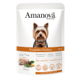 Paté Pollo Light Articular Amanova. Envase pouch con Yorkshire Terrier con pajarita.