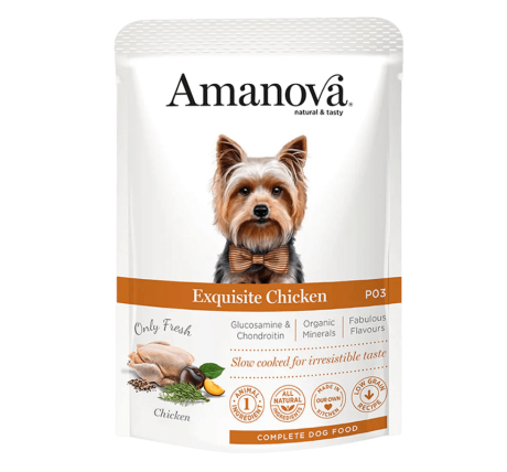Paté Pollo Light Articular Amanova. Envase pouch con Yorkshire Terrier con pajarita.