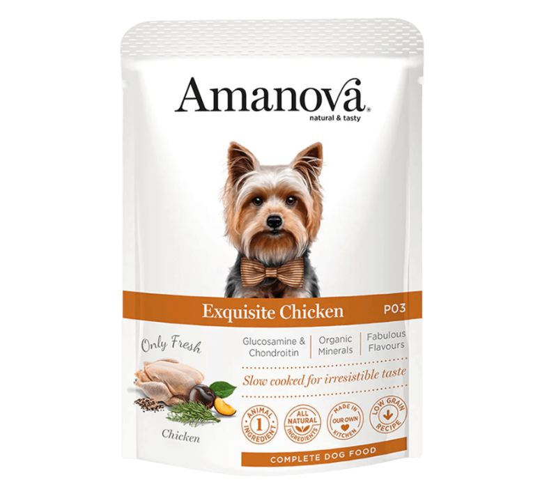 Paté Pollo Light Articular Amanova. Envase pouch con Yorkshire Terrier con pajarita.