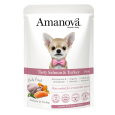 Paté Salmón Pavo Omega 3 Amanova. Envase pouch con Chihuahua con pajarita.