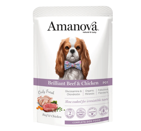 Paté Ternera Pollo Articular Amanova. Envase con King Charles Spaniel con pajarita.