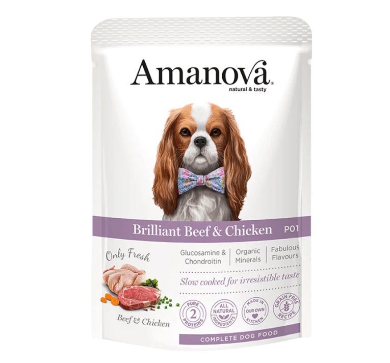 Paté Ternera Pollo Articular Amanova. Envase con King Charles Spaniel con pajarita.