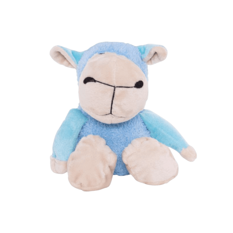 Peluche Ovejita Perro 16cm. Juguete suave azul y beige de Bubimex con sonido, ideal para cachorros.