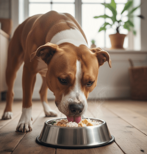 Perro de raza staffordshire comiendo pienso o comida húmeda en bol de metal, demostrando la alta calidad y palatabilidad del alimento