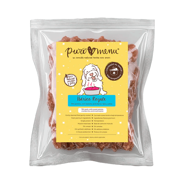 Puromenu Iberico Cocinado Perro. Paquete congelado de carne 75% Cerdo Jabalí.