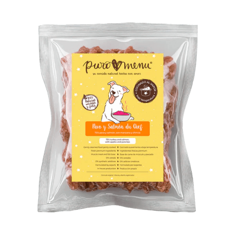 Puromenu Pavo Salmon Perro. Paquete congelado de comida húmeda cocinada, rico en Omega 3.