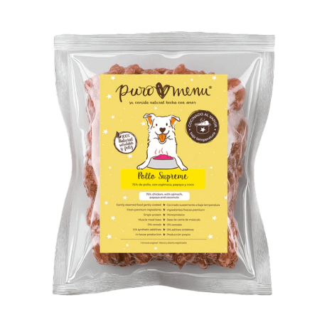Puromenu Pollo Monoproteico. Paquete congelado 75% Pollo Cocinado con Papaya y Espinaca.