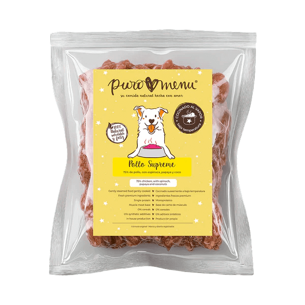 Puromenu Pollo Monoproteico. Paquete congelado 75% Pollo Cocinado con Papaya y Espinaca.