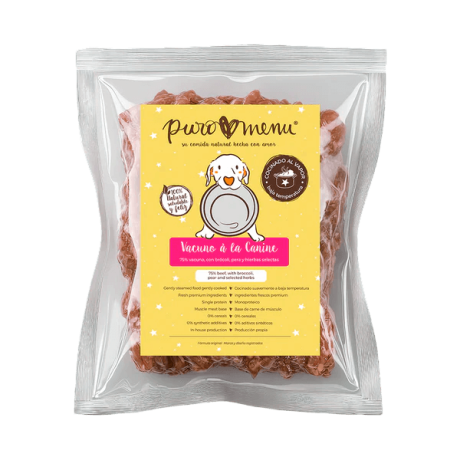 Puromenu Vacuno Monoproteico. Paquete congelado de comida 75% Vacuno Cocinado.