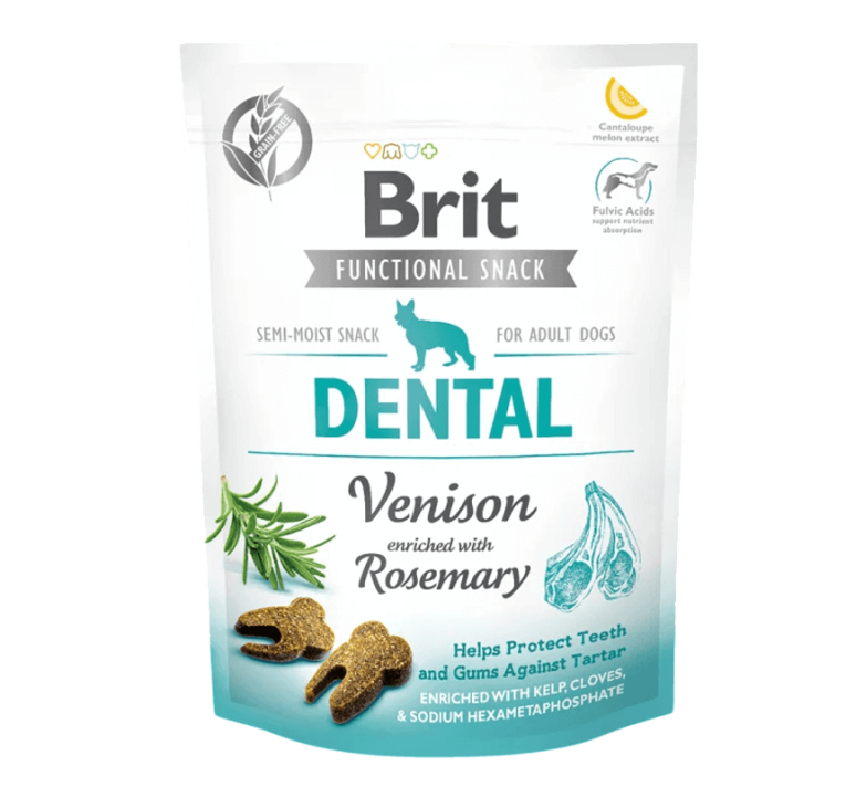 Snack Brit Care Dental Perro (150g). Venado y romero con hexametafosfato de sodio para combatir el sarro.