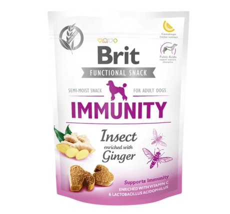 Snack Brit Care Inmunidad Perro (150g). Bolsa con proteína de insecto jengibre y probióticos para las defensas.