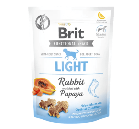Snack Brit Care Light Conejo (150g). Bolsa con papaya y fibra para mantener el peso óptimo.