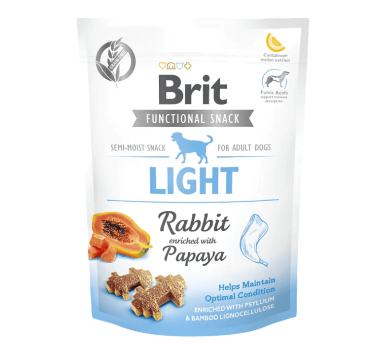 Snack Brit Care Light Conejo (150g). Bolsa con papaya y fibra para mantener el peso óptimo.