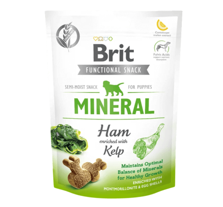 Snack Brit Care Mineral Cachorro (150g). Bolsa con jamón y algas Kelp para un crecimiento saludable.