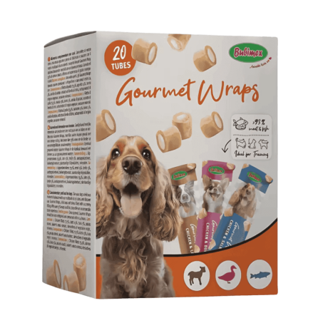 Caja Snack Cremoso Multipack Perro Wraps 20 tubos. Ideal para entrenamiento y alto en carne (93%).