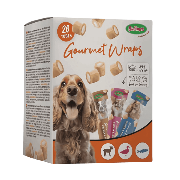 Caja Snack Cremoso Multipack Perro Wraps 20 tubos. Ideal para entrenamiento y alto en carne (93%).