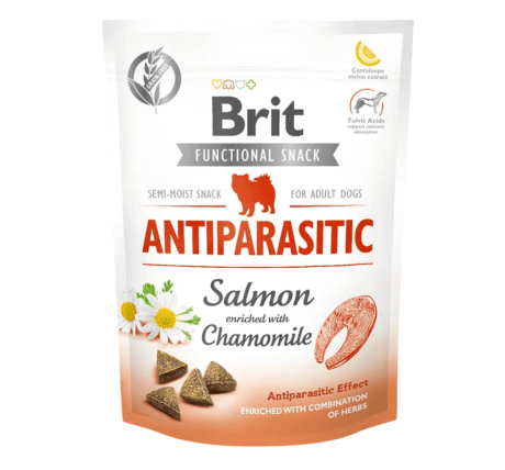 Snack Salmón Antiparasitario Brit Care. Bolsa semihúmeda con manzanilla y hierbas.