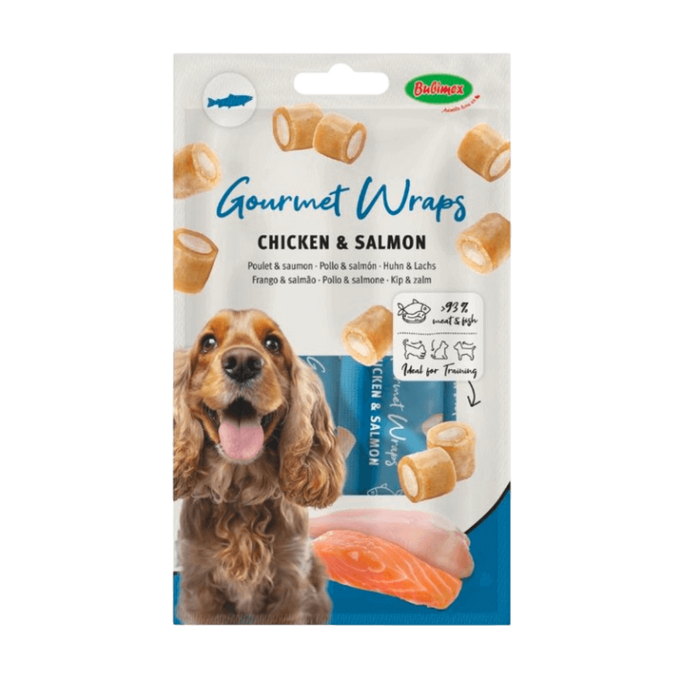 Wraps Pollo Salmón Pastillas Bubimex. Paquete con snack cremoso para perros. Contiene pollo y salmón.