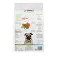 Reverso del saco de pienso Amanova Conejo Puppy Digestivo. Detalles de beneficios y guía de alimentación.