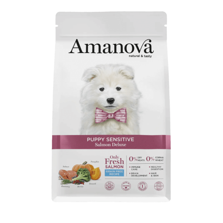 Pienso Amanova Salmón Puppy para cachorros sensibles. Salmón fresco y sin cereales.