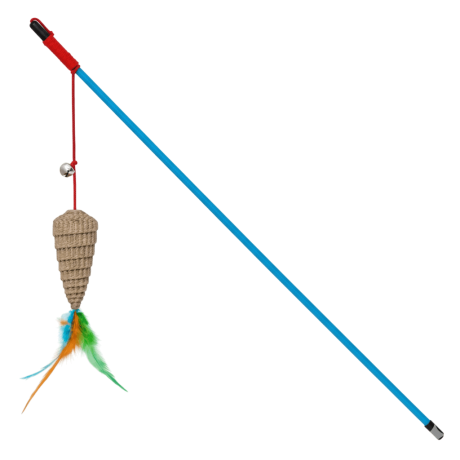 Caña Gato Papel Corrugado azul (46cm) con cono de papel y cordel elástico rojo para gatos.