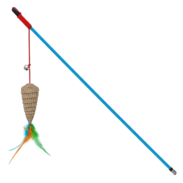 Caña Gato Papel Corrugado azul (46cm) con cono de papel y cordel elástico rojo para gatos.