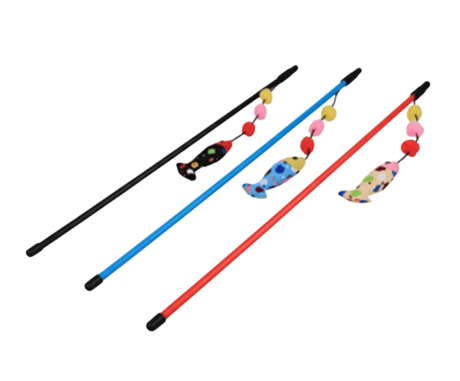 Caña Gato Pez Flecos (40cm) de plástico, con pez colorido y cascabel.