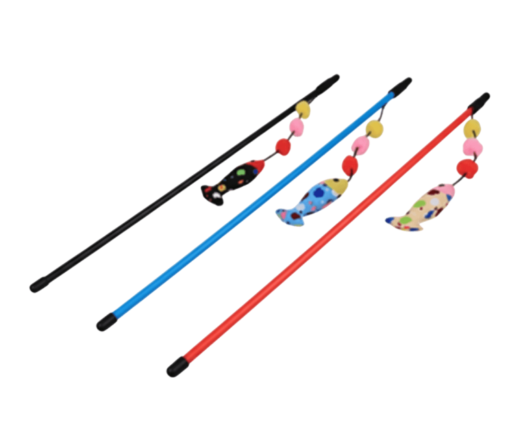 Caña Gato Pez Flecos (40cm) de plástico, con pez colorido y cascabel.