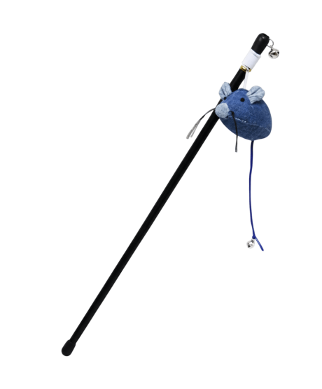 Caña Gato Ratón Jean (45cm) con cascabel, catnip y caña de plástico negro.