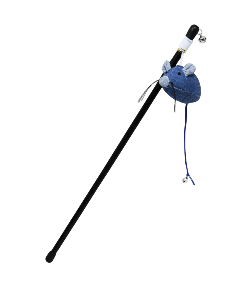 Caña Gato Ratón Jean (45cm) con cascabel, catnip y caña de plástico negro.