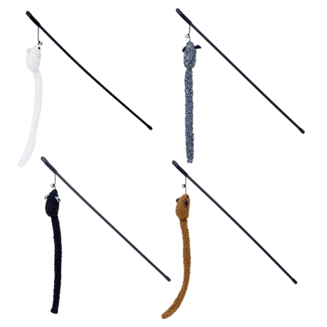 Set de Caña Juguete Ratón Gato (varios colores) con cola larga y cascabel.