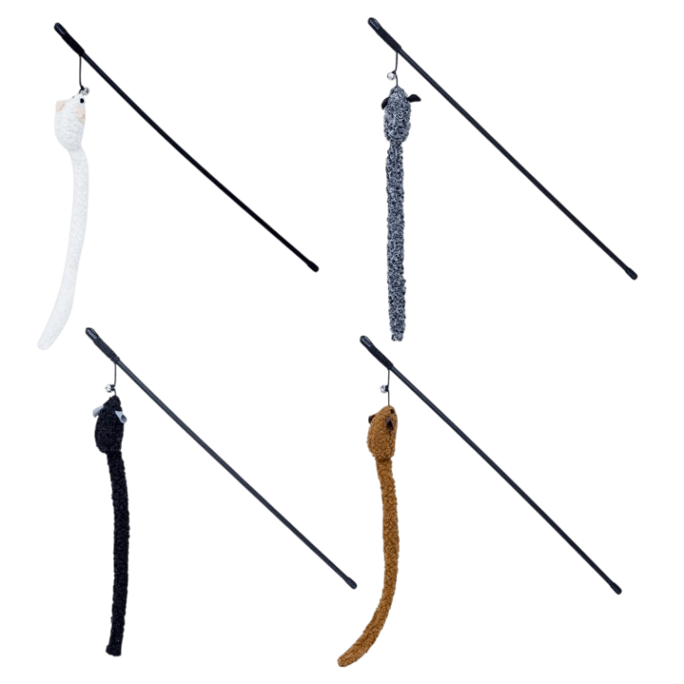 Set de Caña Juguete Ratón Gato (varios colores) con cola larga y cascabel.