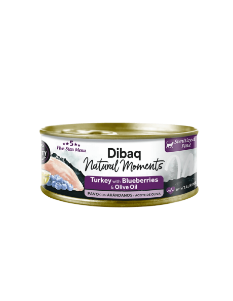 Lata Dibaq Pavo Arándanos Gato. Paté húmedo esterilizado 70g con pavo fresco y arándanos.