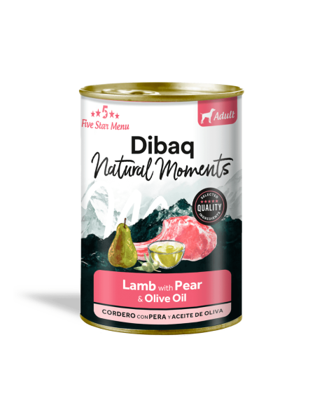 Lata de Dibaq Cordero Pera Adulto. Comida húmeda sin cereales con pavo y aceite de oliva.