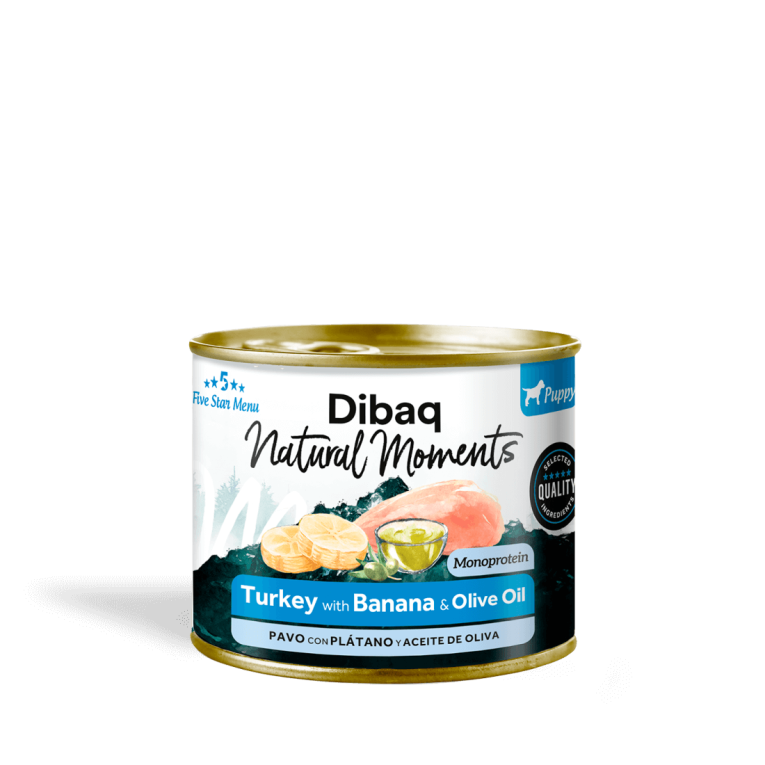 Lata de paté premium monoproteico para cachorros Dibaq Natural Moments sabor pavo con plátano.
