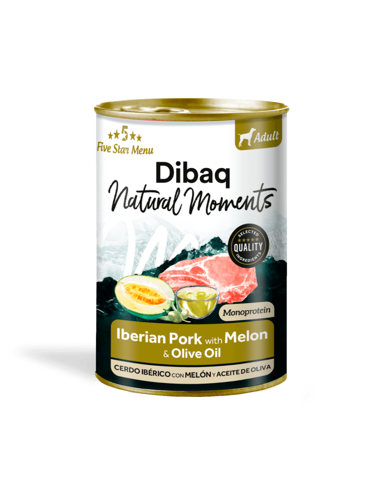 Lata Dibaq Cerdo Ibérico Pera 380g monoproteica, muy baja en grasa (1,8%) y con melón.