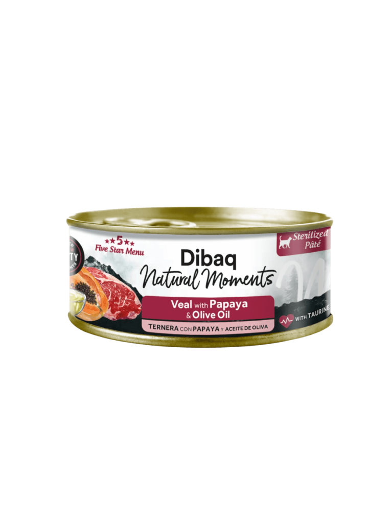 Lata Dibaq Gato Esterilizado de ternera y papaya, ideal para control de peso.