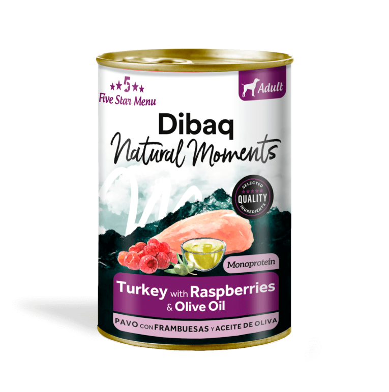 Lata de paté premium monoproteico para perros adultos Dibaq Natural Moments sabor pavo con frambuesa.