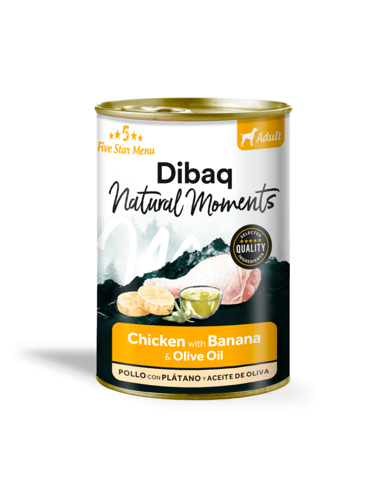 Lata Dibaq Pollo Monoproteico Plátano 380g ideal para digestiones sensibles del perro adulto.