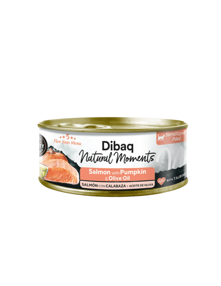 Lata Dibaq Salmón Esterilizado Calabaza 70gr para control de peso y salud renal.