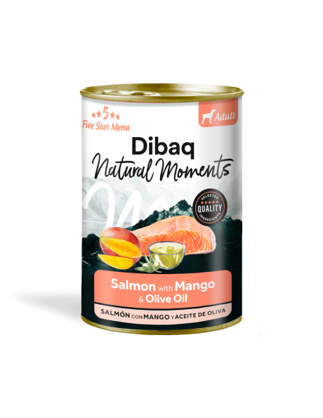Lata Dibaq Salmón Perro Piel 380g con mango, Omega 3 para un pelaje brillante y sano.