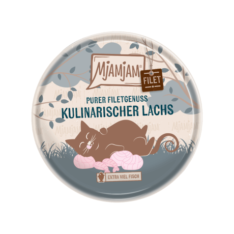 Tapa lata MjAMjAM Filete Salmón Gato 80g, con diseño de gato y salmón.