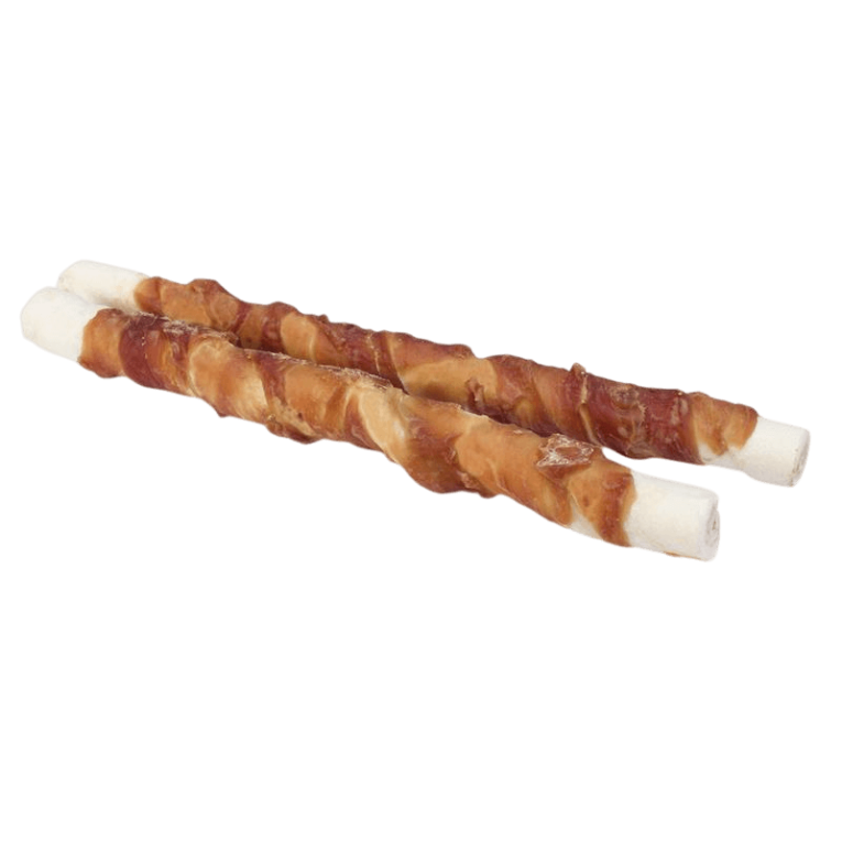 Dos Palito Pato Masticable Perro de 26cm envueltos en pato. Snack dental de piel de búfalo.