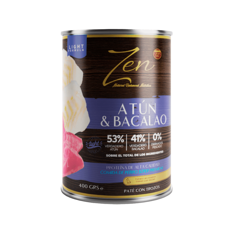 Lata de Paté Atún Bacalao Light Zen. Alimento húmedo con 1,10% de grasa para control de peso, 400g.