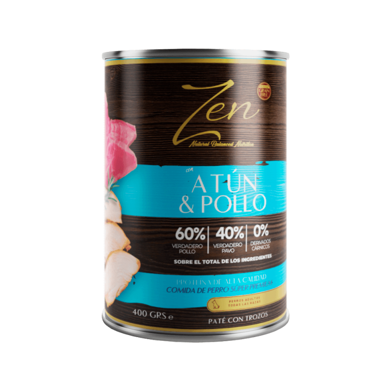 Lata de Paté Atún Pollo Articular Zen. Alimento húmedo con 60% atún y 40% pollo, 400g.