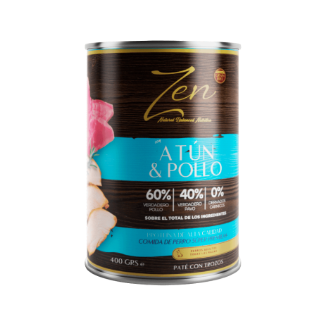Lata de Paté Atún Pollo Articular Zen. Alimento húmedo con 60% atún y 40% pollo, 400g.
